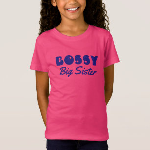 Lustigt "BOSSY Big Sister" med blå text T-shirt