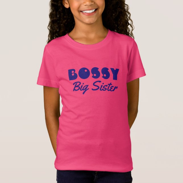 Lustigt "BOSSY Big Sister" med blå text T-shirt (Framsida)