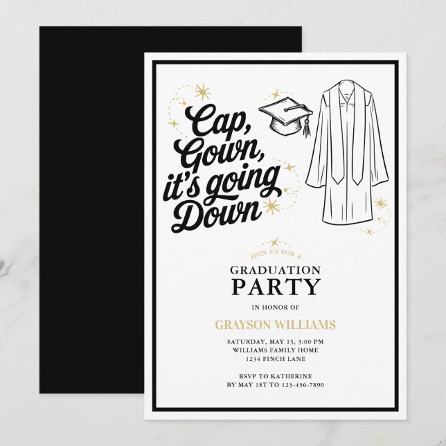 Lustigt Cap Gown Det går ner Studentfest Inbjudningar (Fram/baksida)