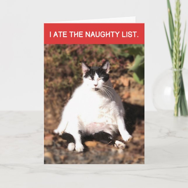 Lustigt Cat Ate Santa's Naughty List jul Kort (Framsida)