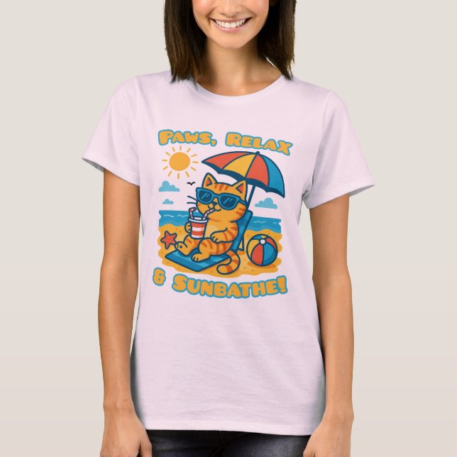 Lustigt Cat Beach T-Shirt - Tassar, Slappna av och (Framsida)