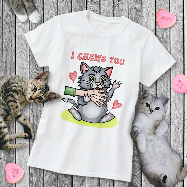 Lustigt Cat Biting Hand I Chews You Valentine Day T Shirt (Skapare uppladdad)