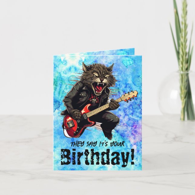 Lustigt Cat Guitar Birthday Foleting Card Kort (Framsida)