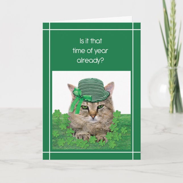 Lustigt Cat på St. Patrick's Day med Grönt Hat Tie Kort (Framsida)