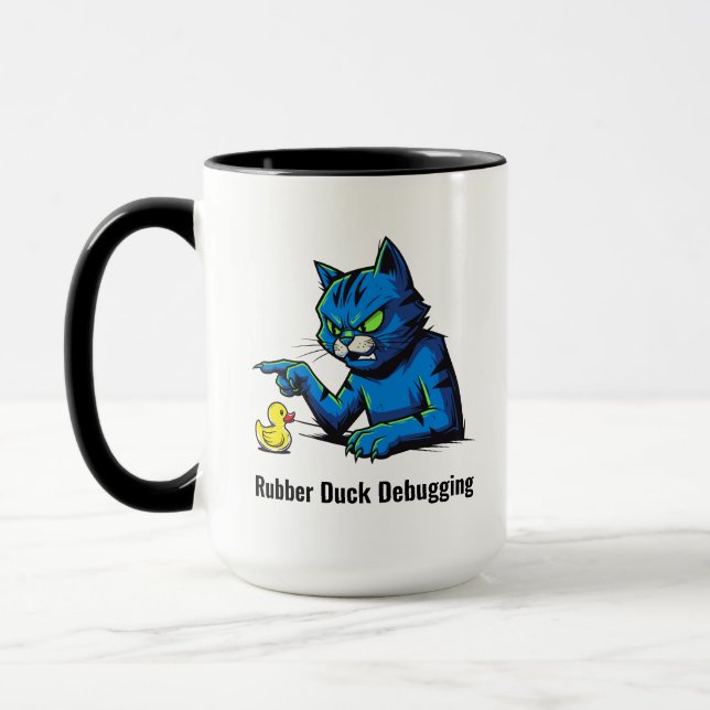 Lustigt Cat Rubber Anka Felsökning Illustration Mugg (Vänster)