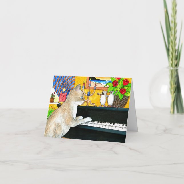 Lustigt Cat spelar piano 506-mappat gratulationsko Kort (Framsida)