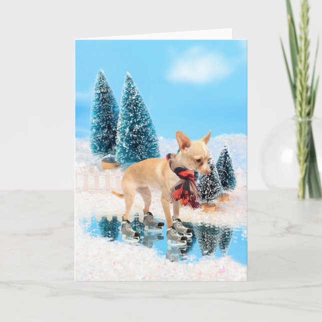 Lustigt chihuahua med scarf och skridskor helgkort (Framsida)