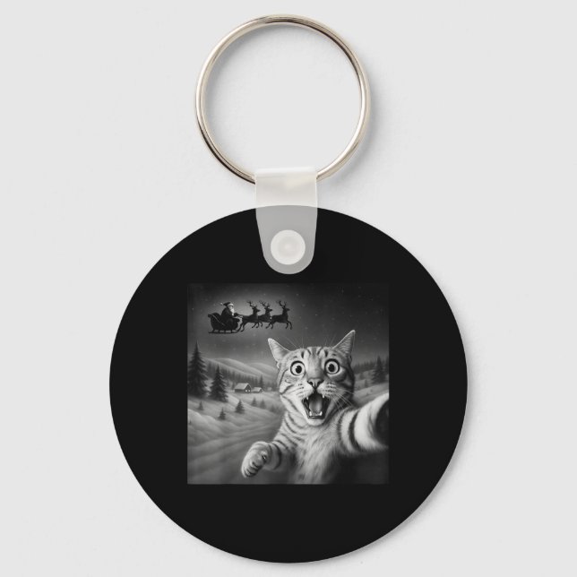 Lustigt chockat Cat Selfie Santa Sleigh jul Ni Nyckelring (Framsida)