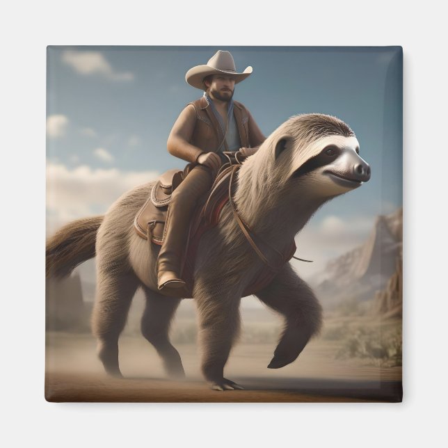 Lustigt Cowboy Riding A Sloth Horse Magnet (Framsidan)