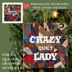 Lustigt "Crazy Quilt Dam" Anpassningsbar Patchwork Julgransprydnad Keramik