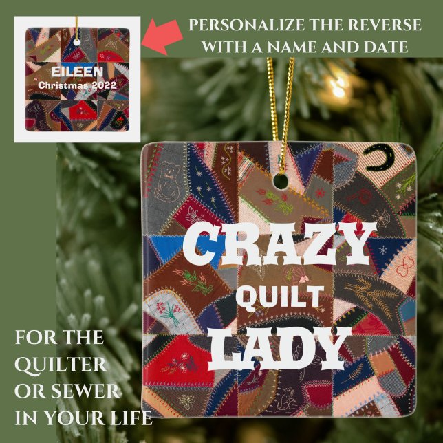 Lustigt "Crazy Quilt Dam" Anpassningsbar Patchwork Julgransprydnad Keramik (This fun vintage crazy quilt pattern ornament is for the quilter or sewer in your life! )