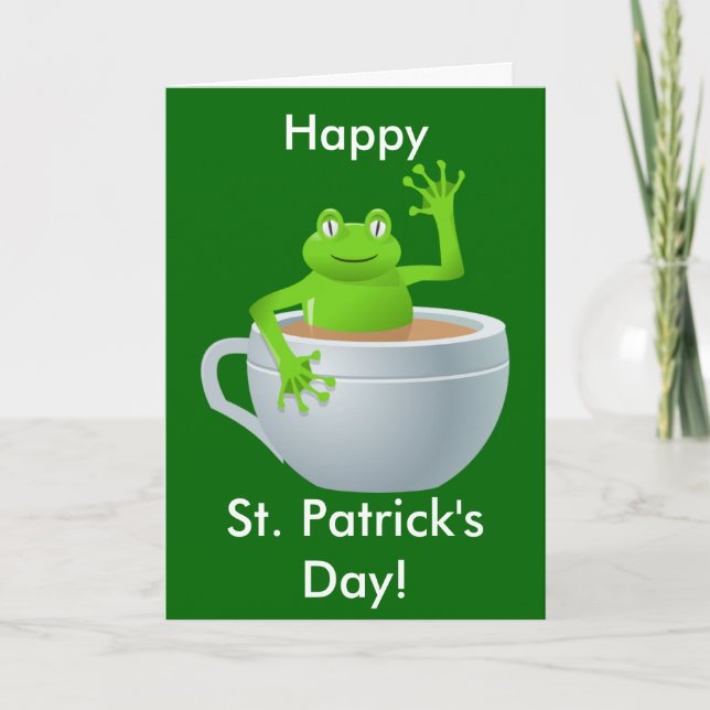Lustigt Cute Frog i Tea Kopp St patrick's day Kort (Framsida)