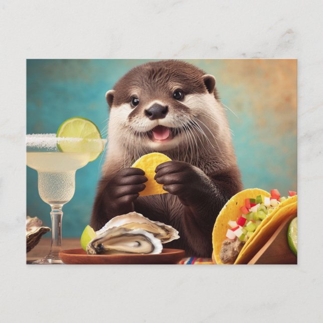 Lustigt cute Otter med Osyster Tacos och Margarita Vykort (Framsida)