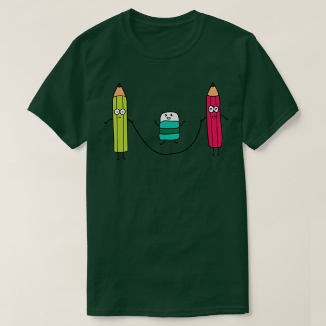 Lustigt Cute Pensils och radergummi som spelar upp T Shirt (Design framsida)