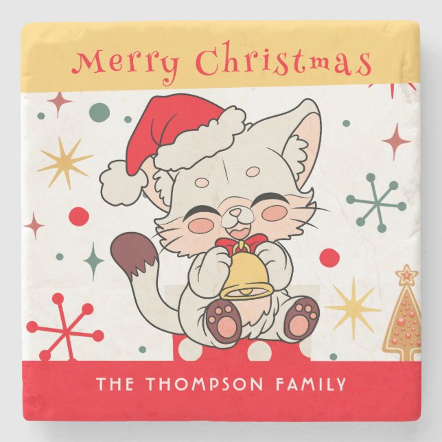 Lustigt Cute Red Grönt Monogram jul Santa Cat Stenunderlägg (Framsidan)