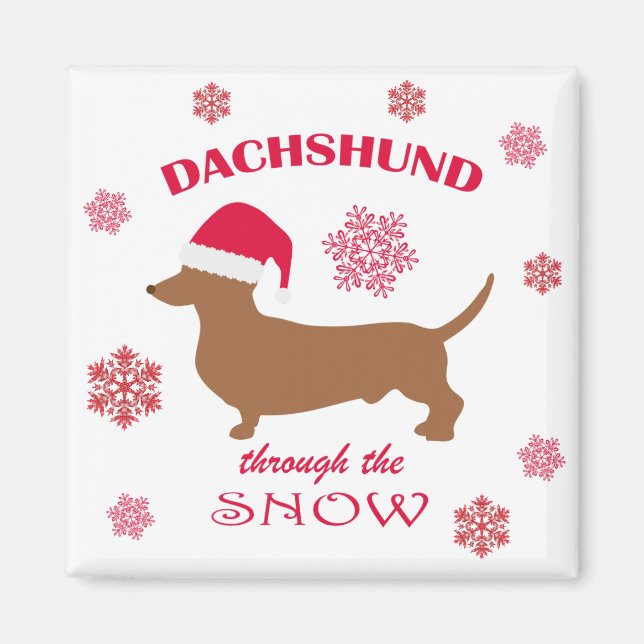 Lustigt Dachshund genom Hund Snö jul Magnet (Framsidan)