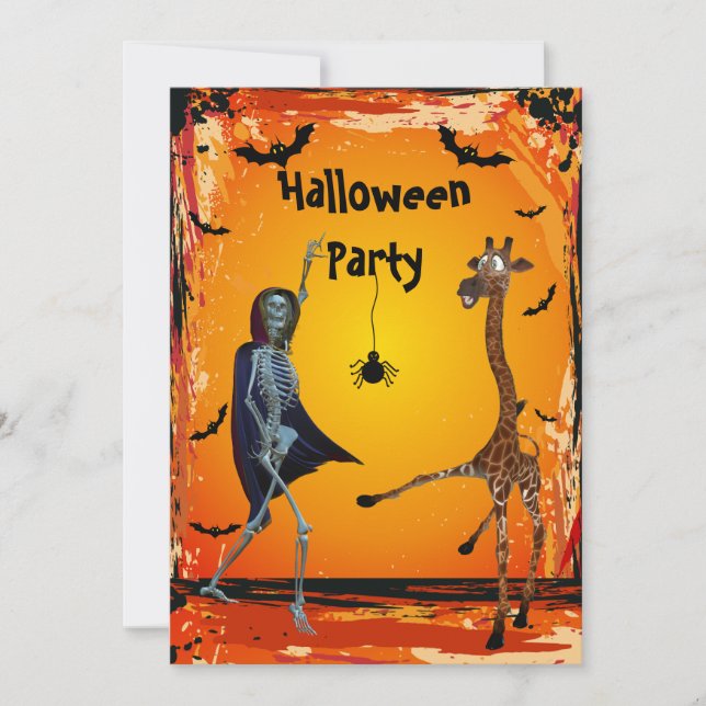 Lustigt Dancing Giraffe & Skeleton Halloween fest Inbjudningar (Framsida)