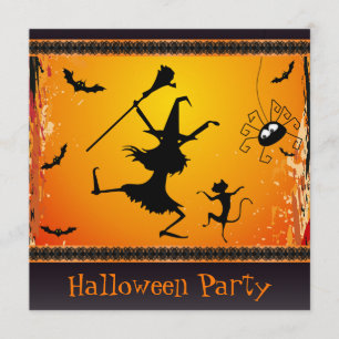Lustigt Dancing Witch och Cat Halloween fest Inbjudningar