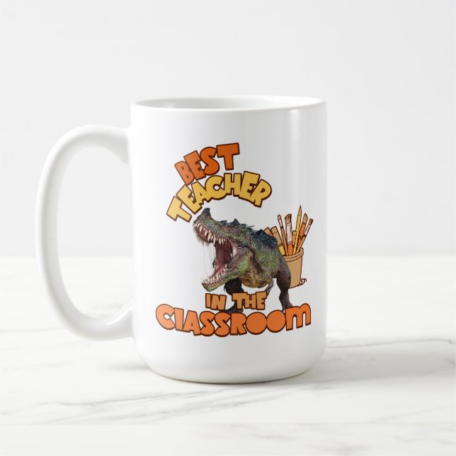 Lustigt Dinosaur Best Teacher i klassrummet Kaffemugg (Vänster)