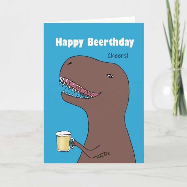 Lustigt Dinosaur med öl Grattis på födelsedagen-bä Kort (Framsida)