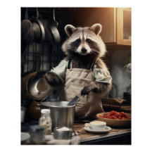 Lustigt djur Poster Chef Racoon Cooking Wall Art