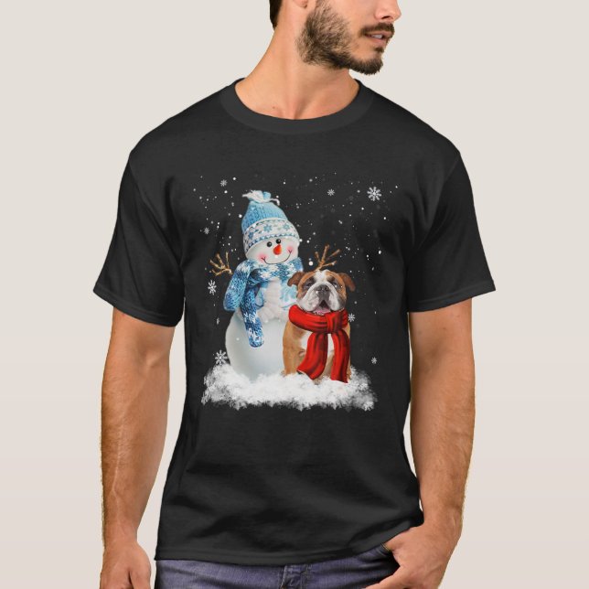 Lustigt engelskt bulldog jul Snögubbe jul jul T Shirt (Framsida)