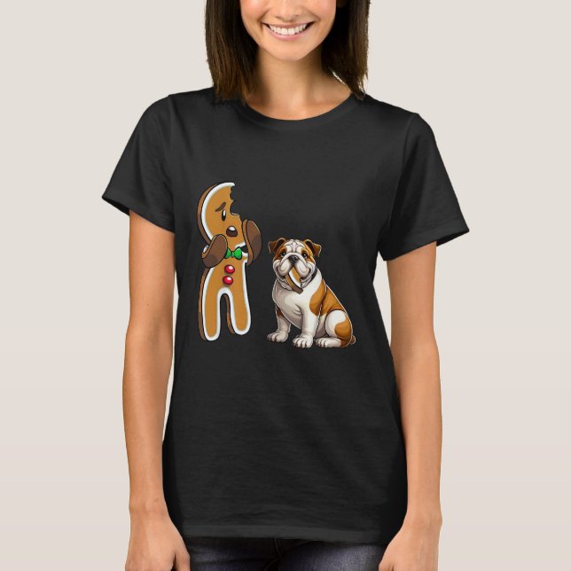 Lustigt English Bulldog Hund Biting Gingerbröd Mer T Shirt (Framsida)