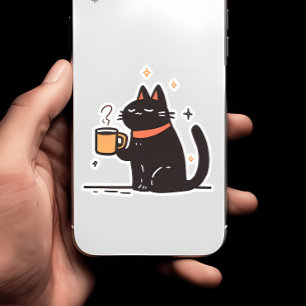 Lustigt enkelt svart katt med kaffe Kopp Klistermärken