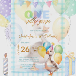 Lustigt ett Fånig Goose Blue Boy 1st Birthday Inbjudningar