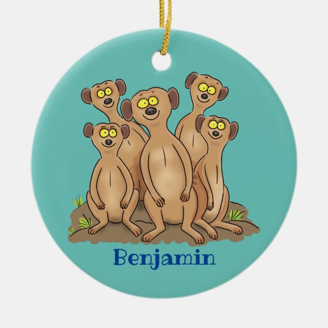 Lustigt exempel på tecknad i familjen meerkat julgransprydnad keramik (Framsidan)