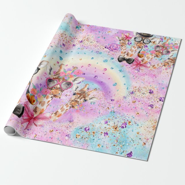 Lustigt Fantasy Giraffes in Cotton Candy Clouds Presentpapper (Utrullad)