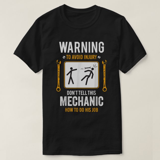 Lustigt för manar varning för automatisk mekanisk  t shirt (Design framsida)