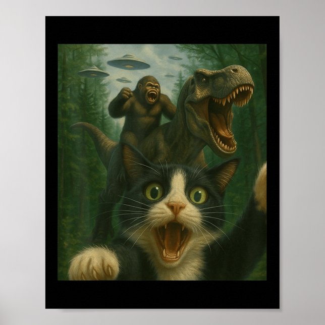 Lustigt förvånad Skrämt Cat Selfie T-rex Dinosaur  Poster (Framsidan)