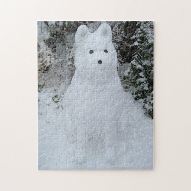 lustigt fotografi av snö akita snögubbe pussel (Vertikal)