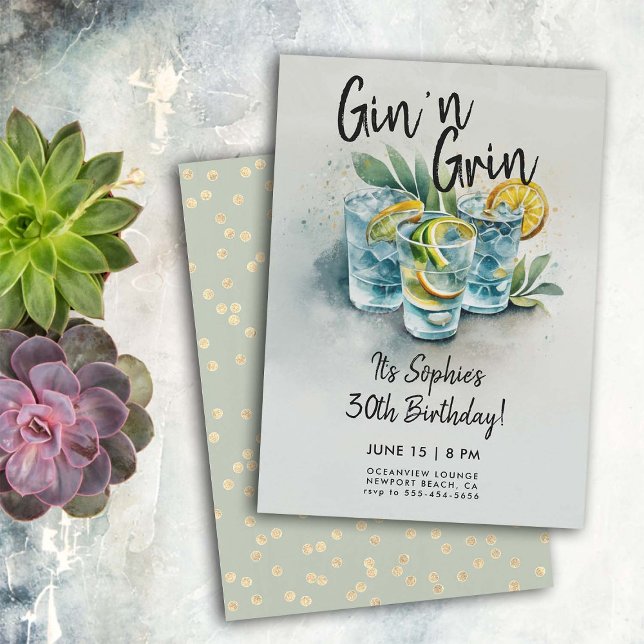 Lustigt Gin i Flina Drinks Party Modern 30års föde Inbjudningar (funny 30 birthday invitations for women gin grin cocktails hour party watercolor modern chic classy)
