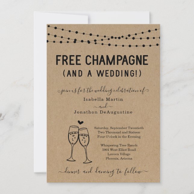 Lustigt gratis champagne och bröllopsinbjudan inbjudningar (Framsida)