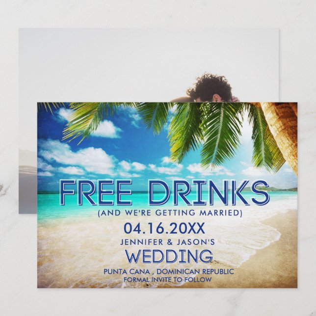 Lustigt gratis drycker Beach Destination Wedding Spara Datumet (Fram/baksida)