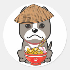 Lustigt grått hund äter nudlar runt klistermärke