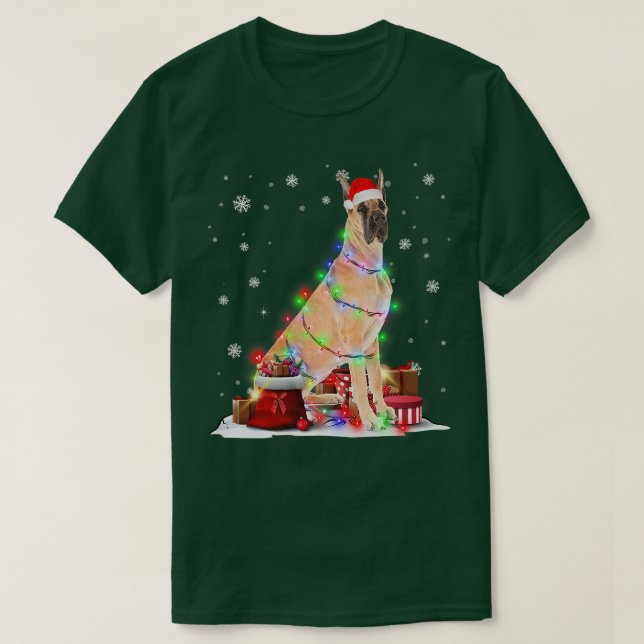 Lustigt Great dane Hund Träd jul Ljus Julafton Pa T Shirt (Design framsida)