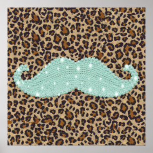 Lustigt Grönt Bling Mustache och djurtryck Poster