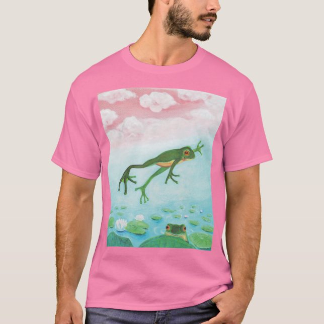 Lustigt Grönt Frog Jumps in i dammbilden T Shirt (Framsida)