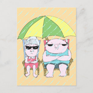 Lustigt Grumpy Couple vid Beach in Rain Art Vykort