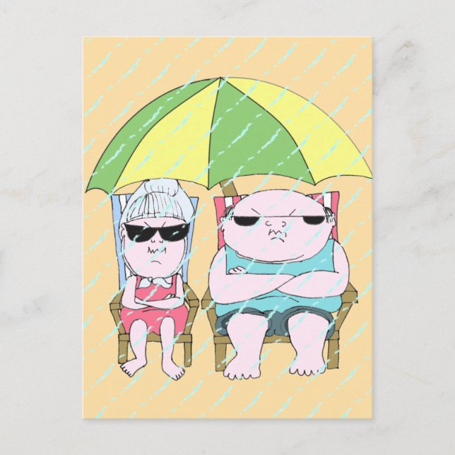 Lustigt Grumpy Couple vid Beach in Rain Art Vykort (Framsida)
