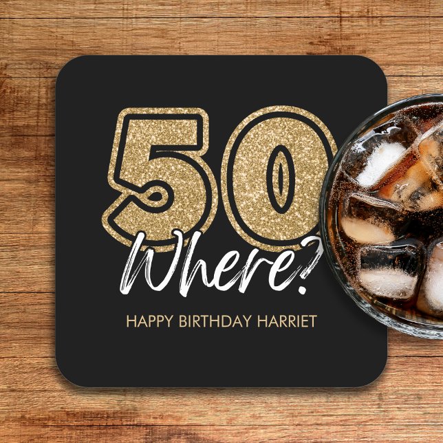 Lustigt Guld Glitter 50 där svart 50:e födelsedag Underlägg Papper Kvadrat (Funny Gold Glitter 50 Where Black 50th Birthday Square Paper Coaster
)