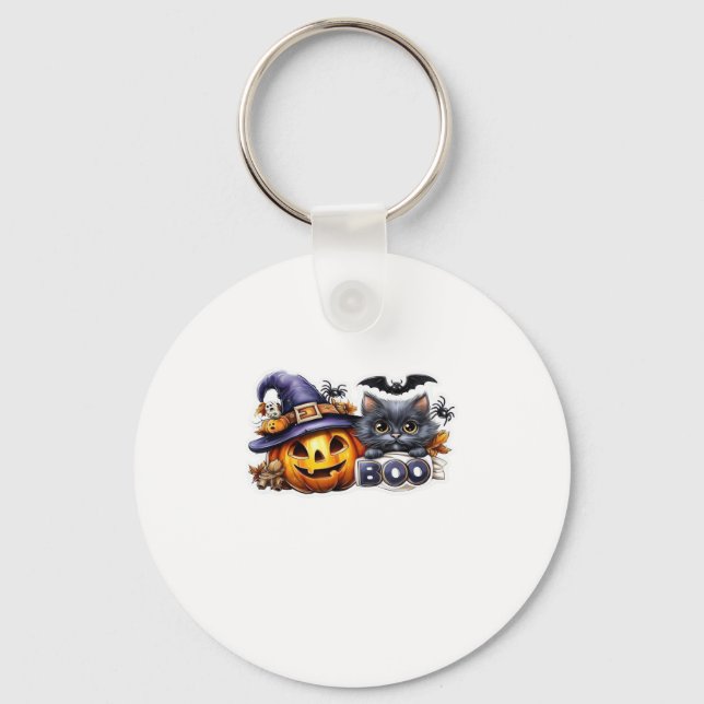 Lustigt Halloween Cat Sticker � Witch Hat, Pumpkin Nyckelring (Framsida)