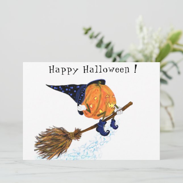 Lustigt Halloween-kort med Witch Pumpkin Flies (Stående Fram)