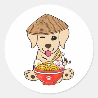 Lustigt hämtare äter nudles runt klistermärke