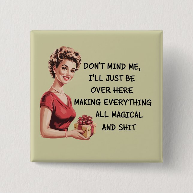 Lustigt Helgdag Värdinna presenterar Julafton. Knapp (Framsida)