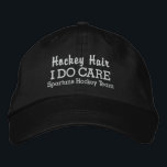 Lustigt "Hockey Hair I DO Care anpassningsbar Team Broderad Keps<br><div class="desc">Du vet hur mycket ishockeyspelarna kärlek har sina långa lås. . - Det här är hatten för dem! Det fina basebollsockeln i stil står "Hockey Hair I Do Care". (Du kan också ändra detta till Hockey Hair Don't Care." Lägg till ditt team eller din spelare namn nedan och ändra enkelt...</div>