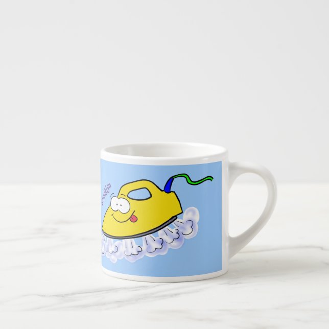 Lustigt illustration av tecknad järn tvätt espressomugg (Höger)